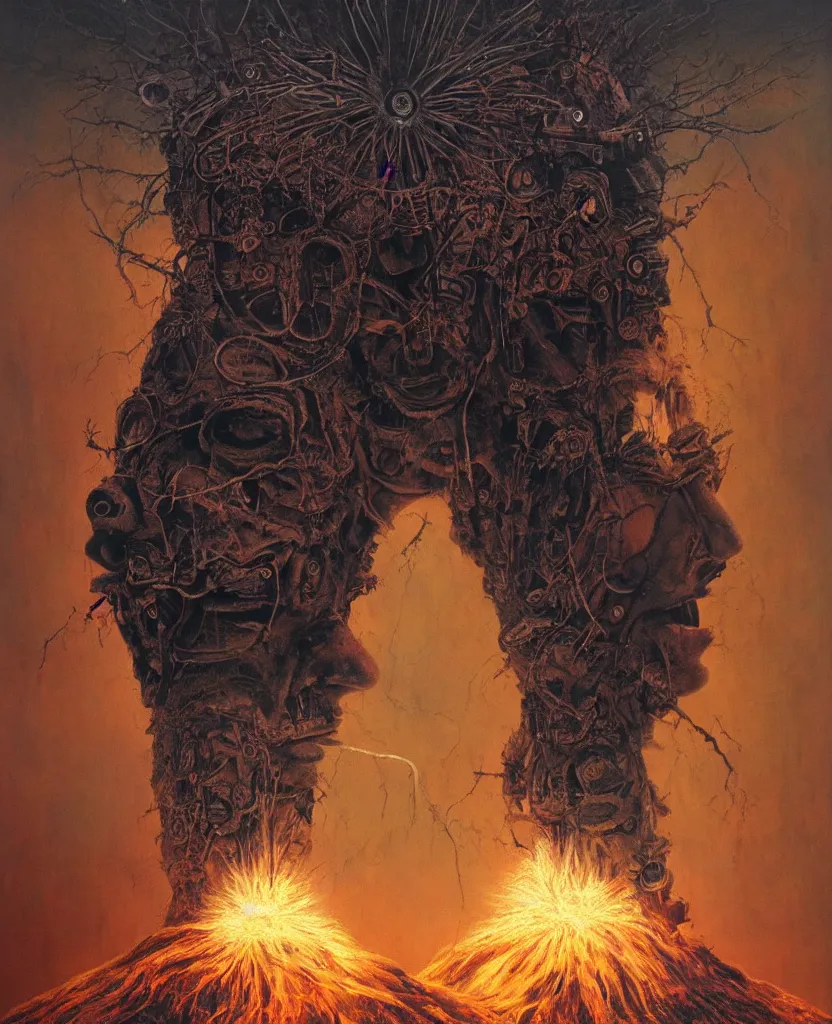 Prompt: One Shiva. Against the backdrop of a nuclear explosion. Dark colors, high detail, hyperrealism, horror art, masterpiece, close-up, zoom, body-horror, ceremonial portrait, representative portrait, solo, macrophoto, art by Greg Broadmore, Esao Andrews, Beksinski