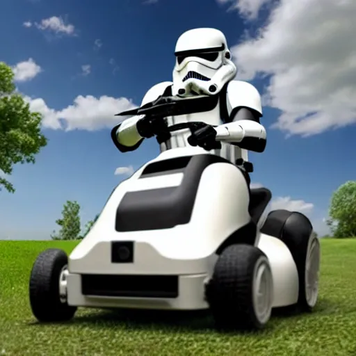 Image similar to An Imperial Stormtrooper riding a lawnmower in an alien spaceship, 4K HD