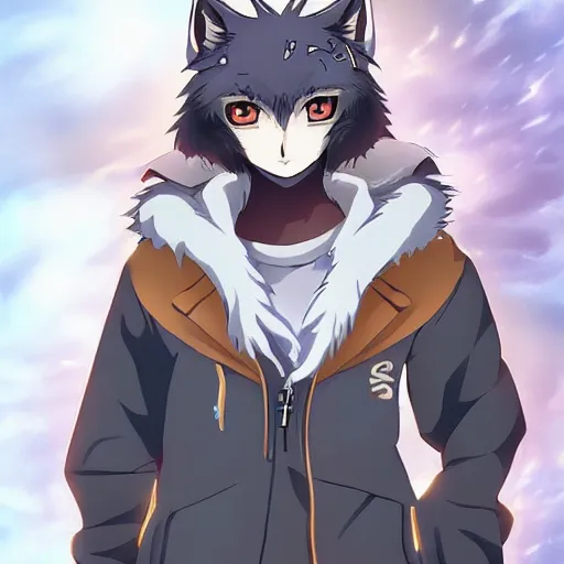 Image similar to key anime visual portrait of an anthropomorphic anthro wolf fursona, in a jacket, with handsome eyes, official modern anime art