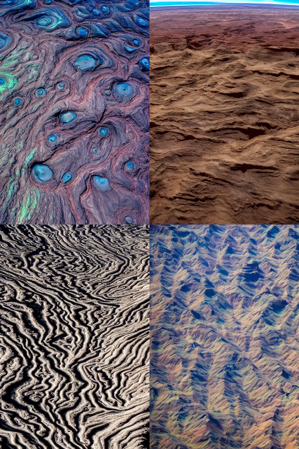 Prompt: photo from miles above an alien world, huge canyons, bizarre geographical features, iridescent clouds, ferrofluid oceans