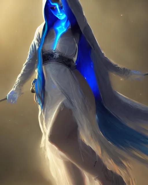 Image similar to A mysterious girl with hooded cobalt-blue eyes and silky white hair, guitar shape build, her wardrobe is attractive, fantasy art, in the style of Fernando Juarez, illustration, epic art, fantasy, intricate, elgant, amazing detail, digital painting, artstation, concept art, smooth, sharp focus