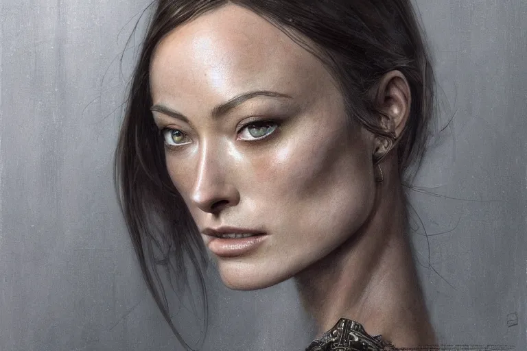 Image similar to a finely detailed portrait of Olivia Wilde, clothed in battle armor, olive skin, long dark hair, beautiful bone structure, symmetrical facial features, intricate, elegant, digital painting, trending on Artstation, concept art, smooth, sharp focus, illustration, from Metal Gear by Ruan Jia and Mandy Jurgens and Artgerm and Greg Rutkowski, award winning