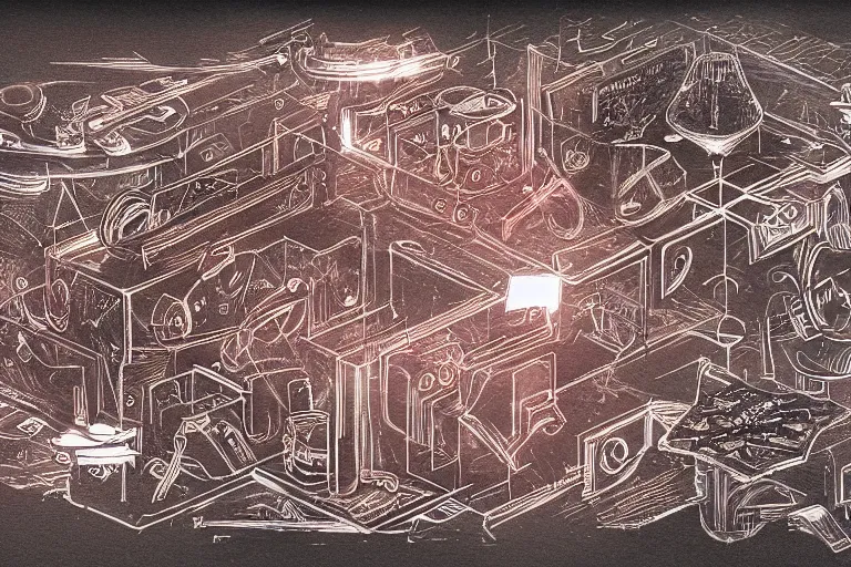 Prompt: intricate and dramatic sketch of a block diagram, showing that a small secret group is responsible for making all major decisions in world politics, evil, insidious, hyperdetailed, 80mm lens, by Greg Rutkowski and guweiz, white and red ink sketch on black paper