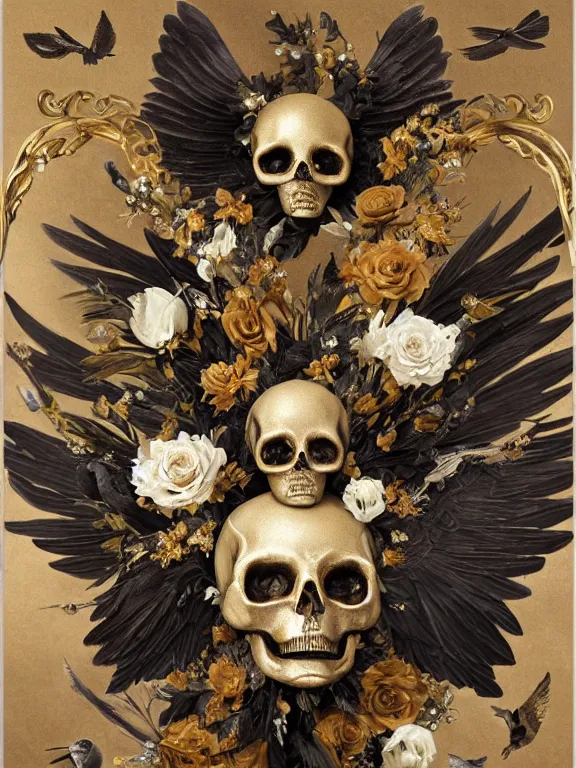 Prompt: a falling icarus with black wings in the form of a Greek sculpture with a mask in the form of golden bird skull and wreath of flowers, roses in hands, dressed in a flower dress, lie on a golden stone, silk, fabric, birds, flowers. baroque elements, human skull. full-length view. baroque element. intricate artwork by caravaggio. many many birds birds on background. Trending on artstation. halo. octane render, cinematic, hyper realism, octane render, 8k, depth of field, bokeh. iridescent accents. vibrant. teal and gold and red colour scheme