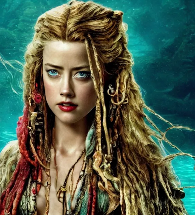 Prompt: amber heard as mermaid in pirates of the caribbean, movie still frame, hd, remastered, movie grain, cinematic lighting