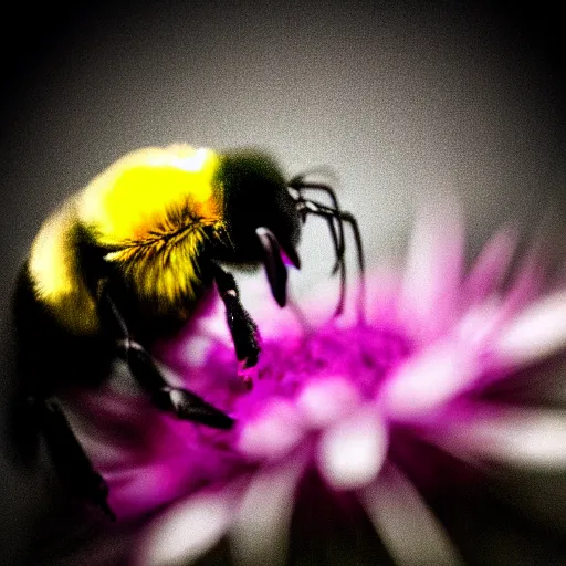 Prompt: surreal composite bumble bee made of flowers, pedicel legs, flower petal wings, siting on a finger, 5 0 mm lens, f 1. 4, sharp focus, ethereal, emotionally evoking, head in focus, volumetric lighting, blur dreamy outdoor