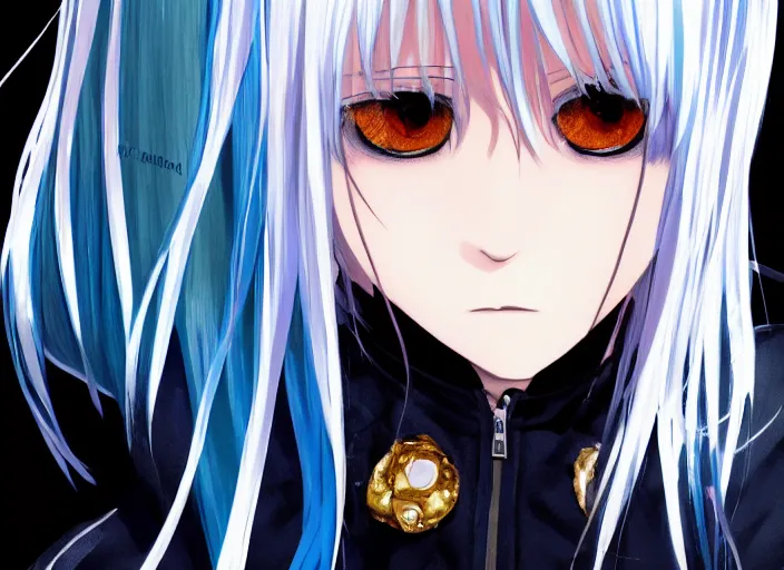 Image similar to rimuru with sky blue straight hair, bangs, amber eyes, gold eyes, wearing a black studded jacket, high collar, ultra detailed, concept art, mean look, award winning photography, digital painting, cinematic, by wlop, anime key visual, closeup, pixiv, 8 k, yoshitaka amano, ilya kuvshinov,