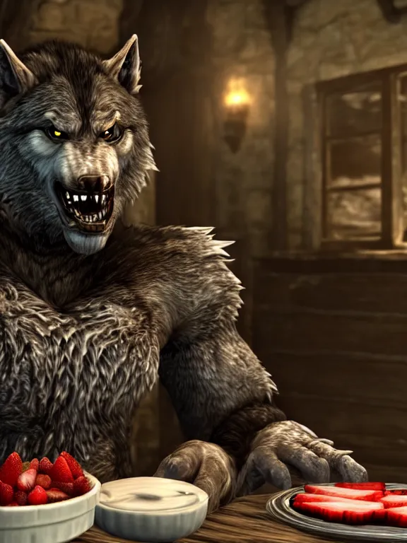 Prompt: cute handsome cuddly burly surly relaxed calm timid werewolf from van helsing sitting down at the breakfast table in the kitchen of a normal suburban home having fun baking strawberry tart cakes unreal engine hyperreallistic render 8k character concept art masterpiece screenshot from the video game the Elder Scrolls V: Skyrim