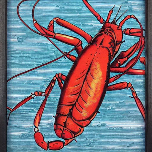 Image similar to lobster skater, inside a frame on a tiled wall, frontal picture, by yoichi hatakenaka, masamune shirow, josan gonzales and dan mumford, ayami kojima, takato yamamoto,