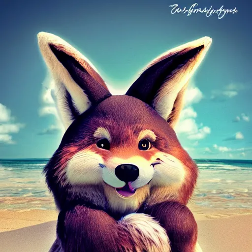 Image similar to a photorealistic adorable zany girly alluring chubby charming but slightly terrifying fennic fox wolf rabbit hybrid, with long floppy rabbit ears, wearing a bow on the top of its head, grinning at the camera with a mischievous look, sharp teeth, happy lighting, at a tropical beach