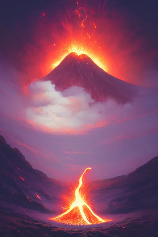 Prompt: coffee cup with whipped cream, volcano erupting from inside the cream, stephen bliss, unreal engine, fantasy art by greg rutkowski, rhads, ferdinand knab, makoto shinkai and lois van baarle, ilya kuvshinov, rossdraws, tom bagshaw, global illumination, radiant light, red blue theme, pine forest