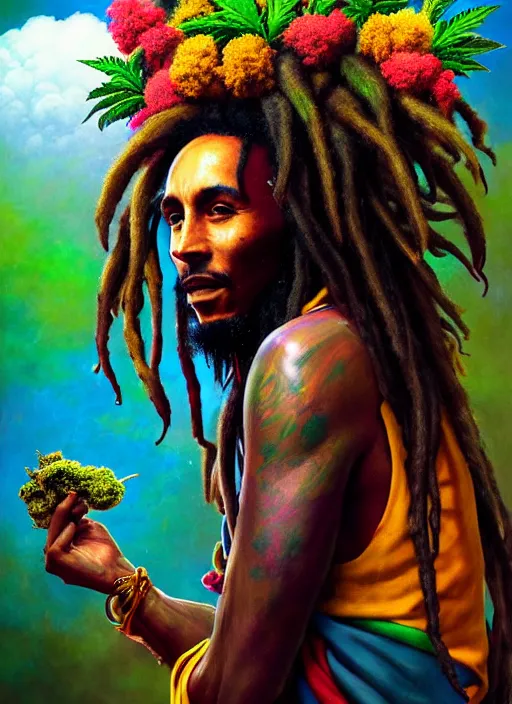 Prompt: portrait of bob marley joyous jamaican warrior with flowing dreadlocks, surrounded by cannabis flowers. afrogoth intricate digital matte painting concept art, warpaint aesthetic, colorful, psychedelic, beautifully backlit, subtle tones, sharp focus, cinematic aesthetic octane render, volumetric lighting, by edmund leighton, james jean, ross tran and artgerm