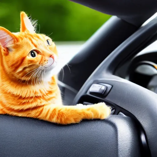 Prompt: an anthropomorphic orange tabby cat driving a car, his paws are on the steering wheel