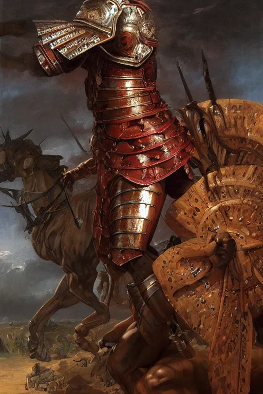 Image similar to a powerful and muscular make african warrior , half body portrait, ornate armour, realistic oil painting by Thomas Cole and Wayne Barlowe