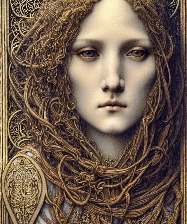 Image similar to detailed realistic beautiful young medieval queen face portrait by jean delville, gustave dore and marco mazzoni, art nouveau, symbolist, visionary, gothic, pre - raphaelite. horizontal symmetry