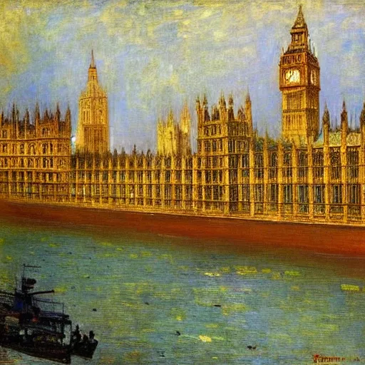 Prompt: the houses of parliament, 1915, brightly colored highly detailed oil on canvas, by Ilya Repin