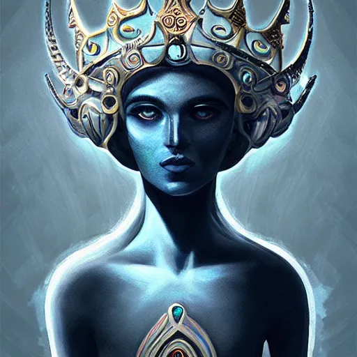 Image similar to Artemixel, the modern reincarnation of the old selenium god of hunt and moon, also known as Artemis or Selene, carrying the Crown of the Crescent Moon, wich has a bright and slightly bluish crescent like the brightness of the night. Portrait trending on Artstation, digital art, concept art