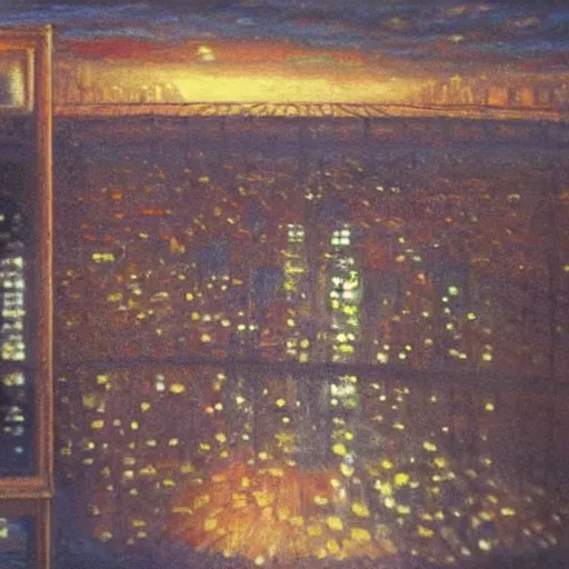 Image similar to impressionistic full - color painting of a distorted mirror reflecting a nightmarish balcony view of boston downtown skyline in 1 9 2 5 at night with a horrifying sky, aerial view, dark, brooding, night, atmospheric, horror, cosmic, ultra - realistic, smooth, highly detailed by dave dorman