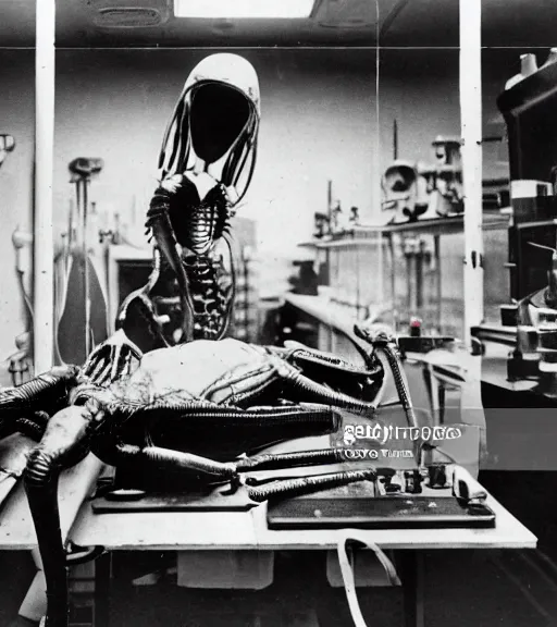 Prompt: Alien lying on an operation table in a lab, photograph from 1890, grainy, high detail, high resolution