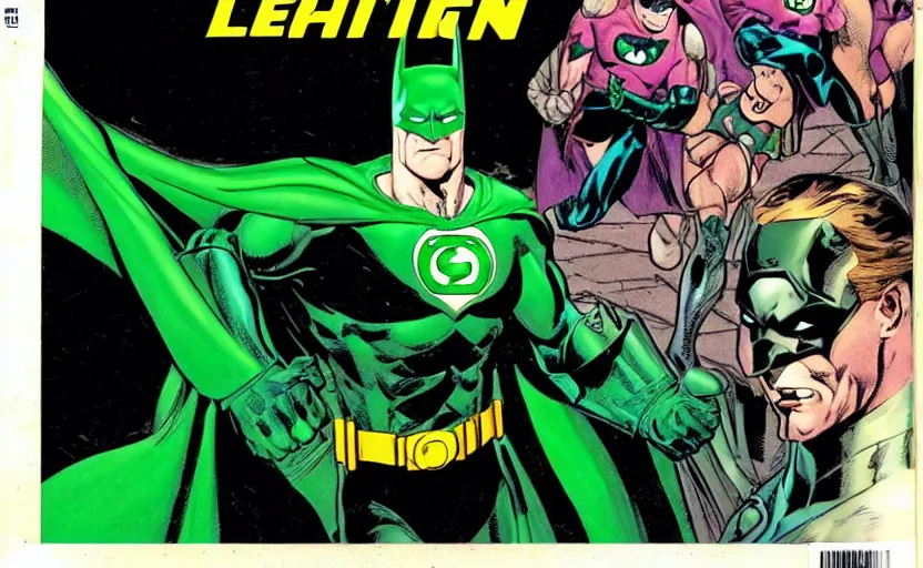 Image similar to a Batman comic cover from 1999 with Green Lantern on the background