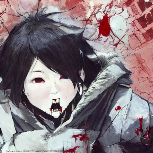 Prompt: cute japanese girl with small horns, sharp and pointy vampire teeth, dressed in an old white coat covored in faint blood stains, praying on the floor of a destroyed church, with her eyes and mouth closed and a smile, detailed artwork by Yoji Shinkawa
