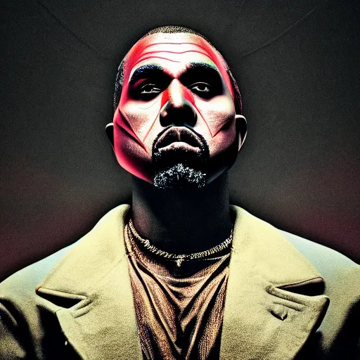 Image similar to Portrait of Kanye West with the joker makeup, splash art, movie still, cinematic lighting, dramatic, octane render, long lens, shallow depth of field, bokeh, anamorphic lens flare, 8k, hyper detailed, 35mm film grain