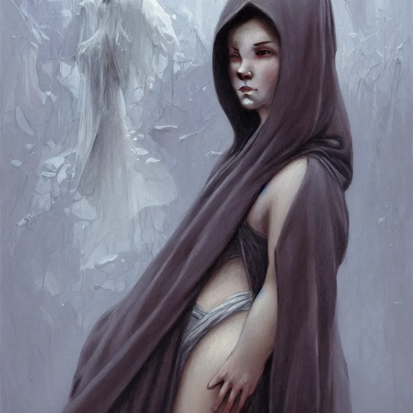 Prompt: Portrait of a young woman wearing a hooded robe, non-centered shot, unique pose, intricate, elegant, highly detailed, digital painting, artstation, concept art, smooth, sharp focus, illustration, art by artgerm and greg rutkowski and alphonse mucha, by beksinski