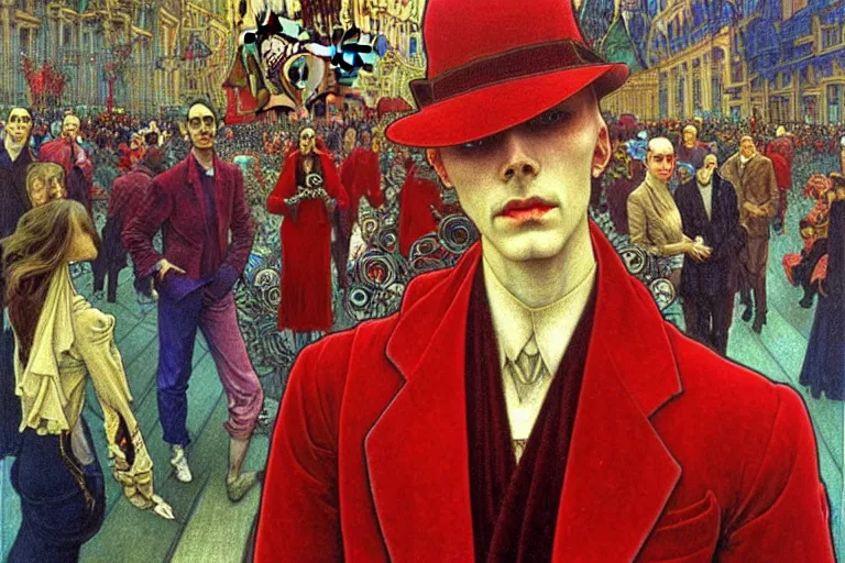 Image similar to realistic detailed closeup portrait painting of a single skeleton wearing red velvet blazer in a crowded futuristic moscow street by Jean Delville, Amano, Yves Tanguy, Alphonse Mucha, Ernst Haeckel, Edward Robert Hughes, Roger Dean, rich moody colours, blue eyes