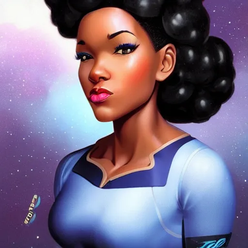 Image similar to black female astronaut with a celestial afro pin-up style by Artgerm, realist, trending on artstation