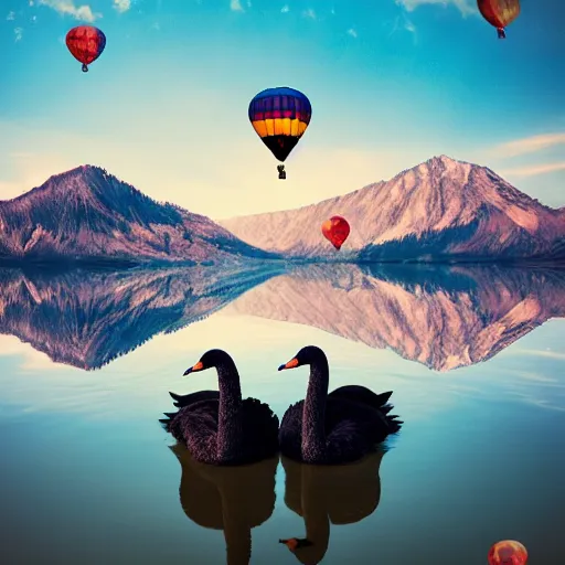 Image similar to photo of two black swans touching heads in a beautiful reflective mountain lake, a colorful hot air balloon is flying above reflecting off water, hot air balloon, intricate, 8k highly professionally detailed, centered, HDR, CGsociety