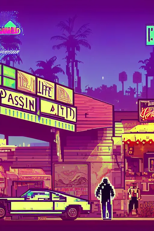 Prompt: life in the caspian hood. pixel art, gta vice city art style. borderland art style. pop art, no duplicate image, glowing lights, ultra details, digital painting, artstation, concept art, smooth, sharp focus, illustration, intecrate details, art by richard hamilton and mimmo rottela, pixels art by kirokaze and paul robertson