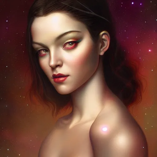 Image similar to a beautiful portrait of a cosmic goddess by Jim Burns and Tom Bagshaw, Trending on Artstation, nebula background