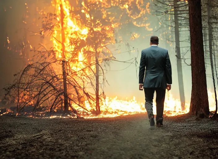 Image similar to a 3 5 mm photo from the back of a man in a gray suit walking through a forest fire, splash art, movie still, bokeh, canon 5 0 mm, cinematic lighting, dramatic, film, photography, cold blue light, depth of field, award - winning, anamorphic lens flare, 8 k, hyper detailed, 3 5 mm film grain