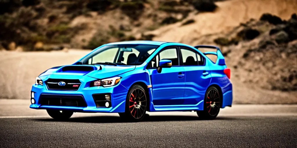 Image similar to photograph, 2014 Subaru WRX STi, cinematic, PCH, california coast, 8k, depth of field, bokeh.