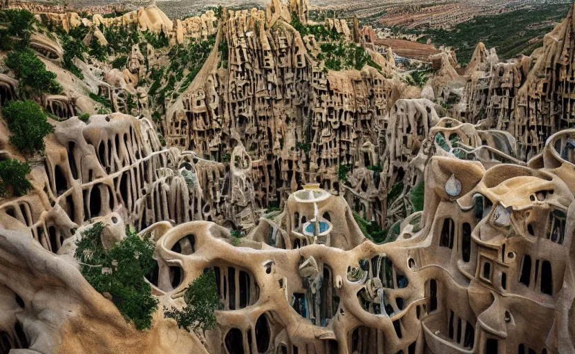 Image similar to an awesome photograph of a heavenly city with lush walkways, beautiful bioarchitecture design by kedem pitsou, m. c. escher, gaudi sagrada familia, and bisti badlands, emerald gold and beksinski, highly detailed, bokeh, beautiful, artstation