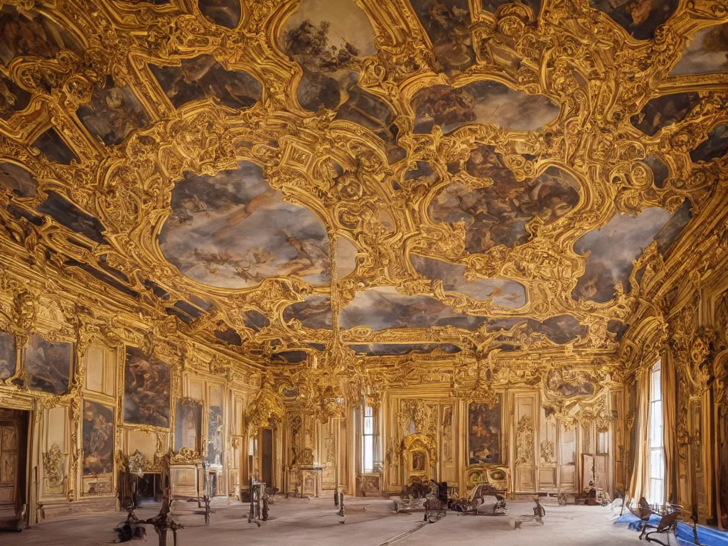 Image similar to The bright and majestic beautiful Renaissance palace chamber filled with soft light from beautiful windows with beautiful paintings of a demons on the walls, high quality interior photo trending on photostocks