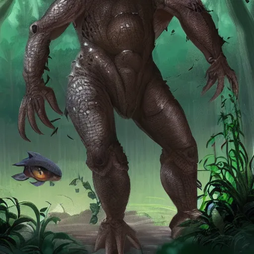 Prompt: a turtle monster with human form fishing in the forest, trending on artstation, 8k, concept art