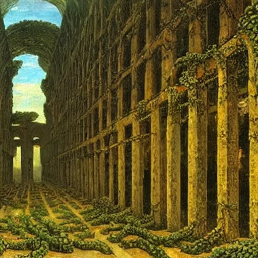 Image similar to a data center filled with server racks surrounded by ancient ruins and covered in vines, Caspar David Friedrich, oil painting