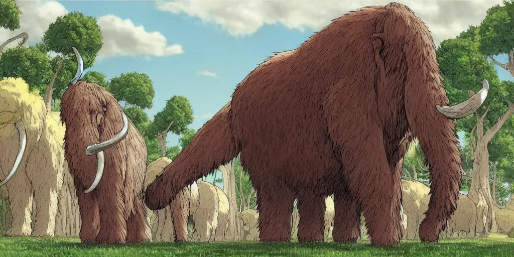 Image similar to a realistic cell - shaded studio ghibli concept art from paprika ( 2 0 0 6 ) of a giant wooly mammoth. very dull colors, wide shot, hd, 4 k, hq