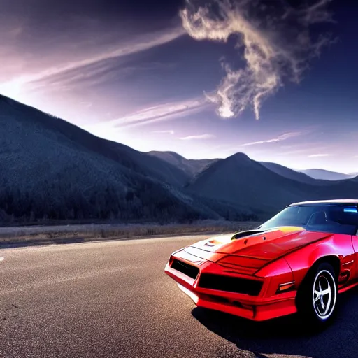 Prompt: black pontiac firebird trans - am driving towards the camera, mountain, valley, breathtaking mountains, lake, dynamic, sunrise, cinematic, motionblur, sunbeams, volumetric lighting, wide shot, low angle, artstation