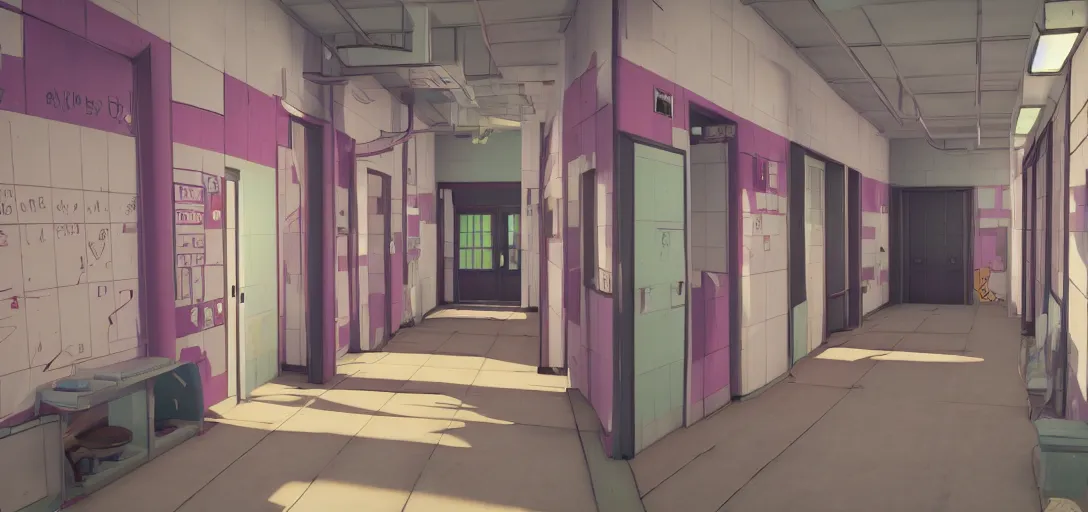 Prompt: Look of Danganronpa school interior, colorful hallway, cartoon moody scene, made in blender, 8k, many details reminiscent of school and despair