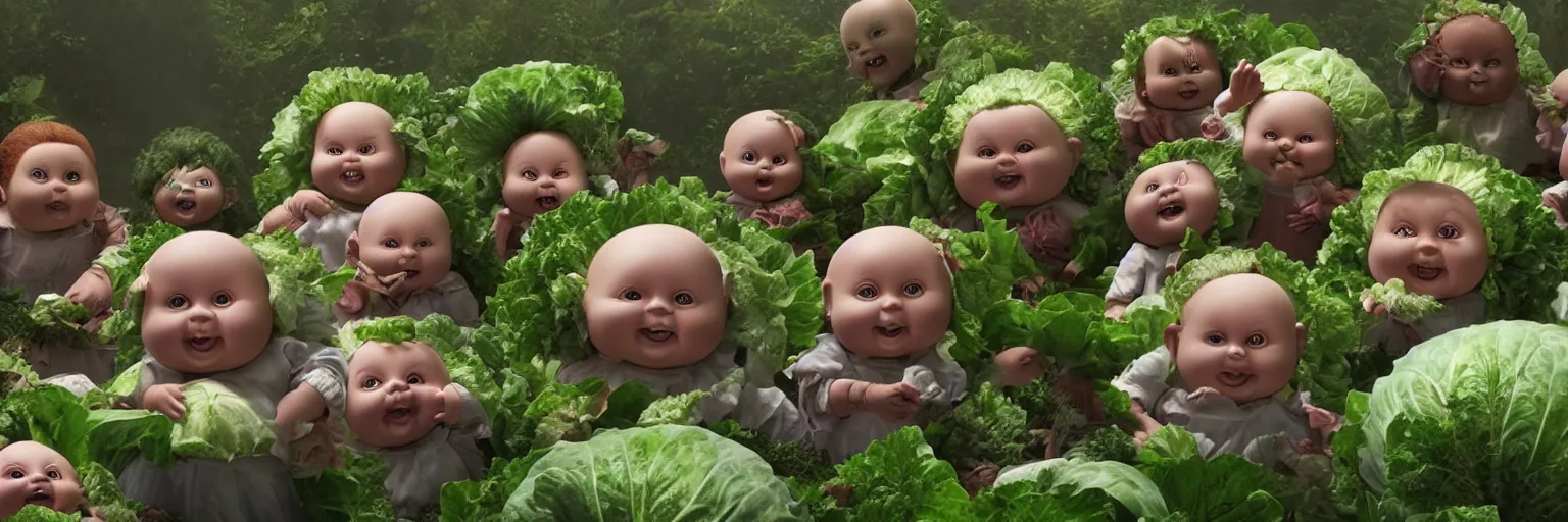 Image similar to A gaggle of ultrarealistic Cabbage-patch demon babies are eating each other in a hellish garden, horror, dark, cabbages, 8k resolution