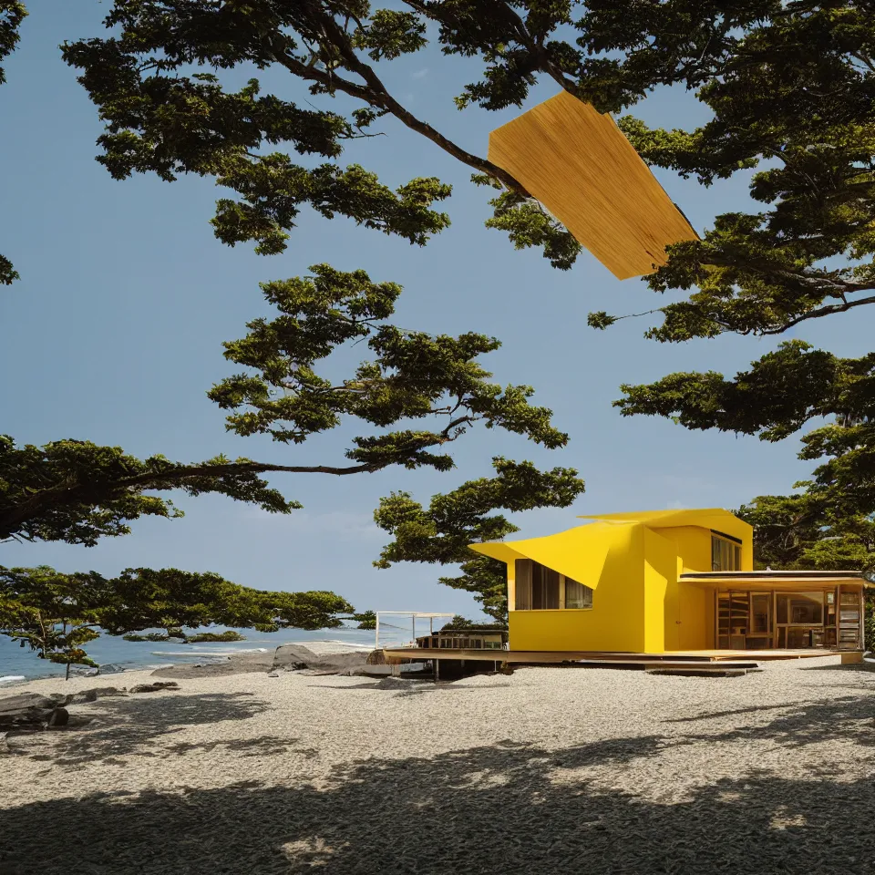 Prompt: architecture ad for a mid-century small modern house on the beach, designed by Kengo Kuma. Film grain, cinematic, yellow hue