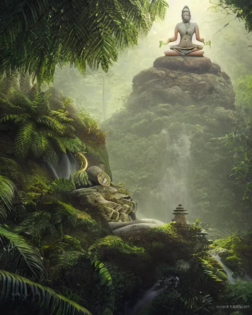 Image similar to fine detailed octane render of meditating shiva in jungle, intricate, elegant, volumetric lighting, scenery, digital painting, highly detailed, artstation, sharp focus, illustration, concept art