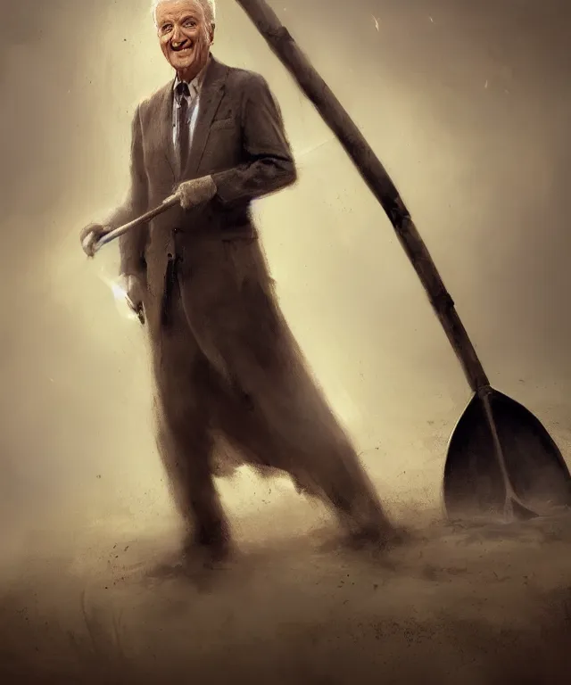 Prompt: bob barker, cinematic, covered in dirt, holding a shovel, elegant, highly detailed, digital painting, artstation, smooth, hard focus, illustration, art by jessica rossier and and brian froud