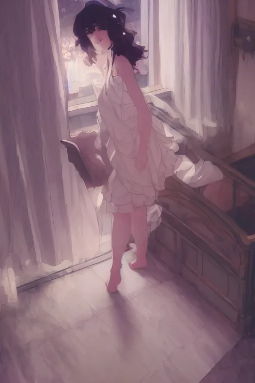 Prompt: a girl in a maid's outfit in the bedroom a night, raining outside the window, wavy white long hair, by krenz cushart and mucha and akihito yoshida and greg rutkowski and makoto shinkai and rella, detailed eyes, 4 k resolution
