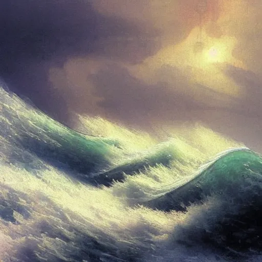 Prompt: Waves crashing onto a modern city with sky scrapers, flooding the streets, waves cresting with white foam, trending on artstation by Ivan Aivazovsky and Chris Foss and Lise Deharme