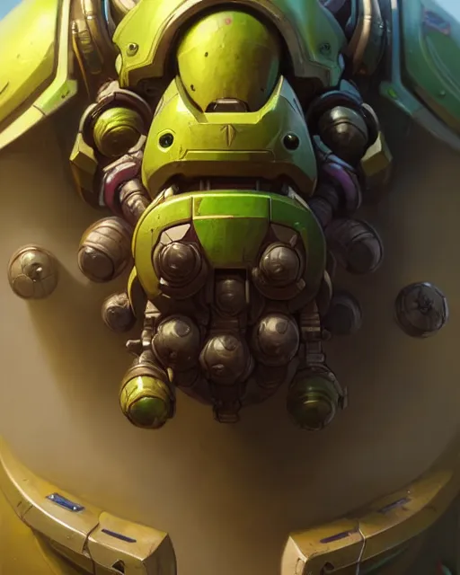 Prompt: orisa from overwatch, character portrait, portrait, close up, concept art, intricate details, highly detailed by greg rutkowski, michael whelan and gustave dore