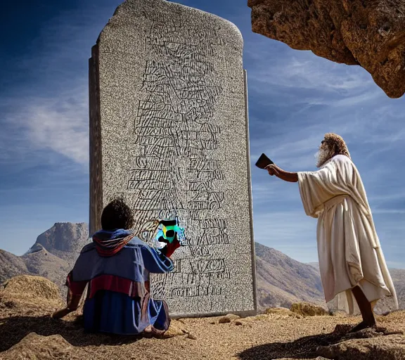 Image similar to biblical moses taking a selfie with the ten commandments on a mountain XF IQ4, 150MP, 50mm, F1.4, ISO 200, 1/160s, natural light