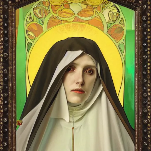 Prompt: a Masterpieces portrait of a skeleton nun in the style of Alphonse Mucha,Realistic style,oil on canvas